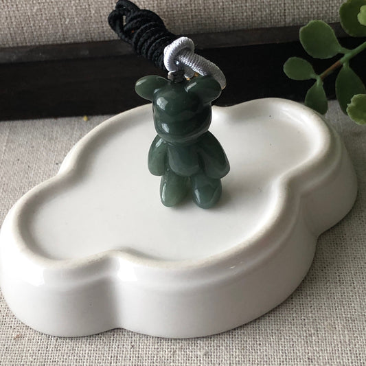33.5mm Green Jadeite Jade Carved 3D Teddy Bear Pendant