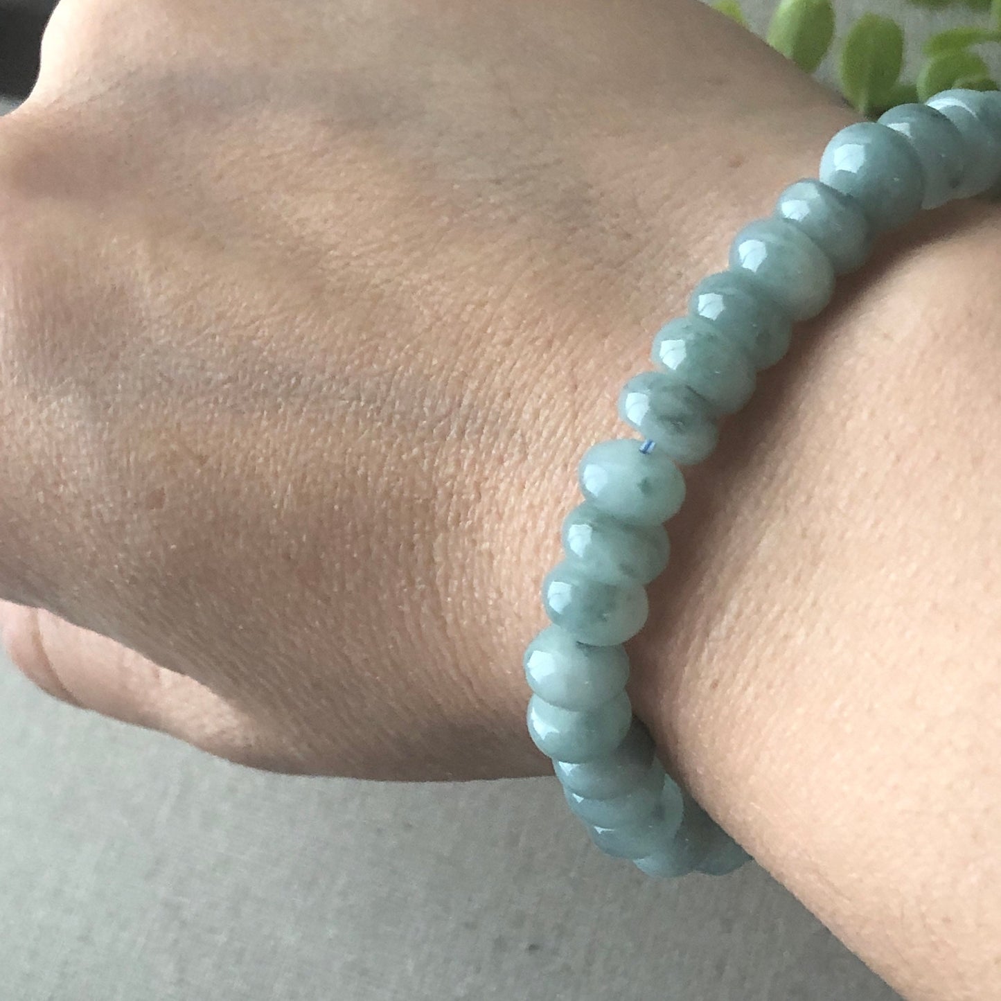 8 mm Jadeite Jade Blue Green Float Flowers Flat Bead Bracelet