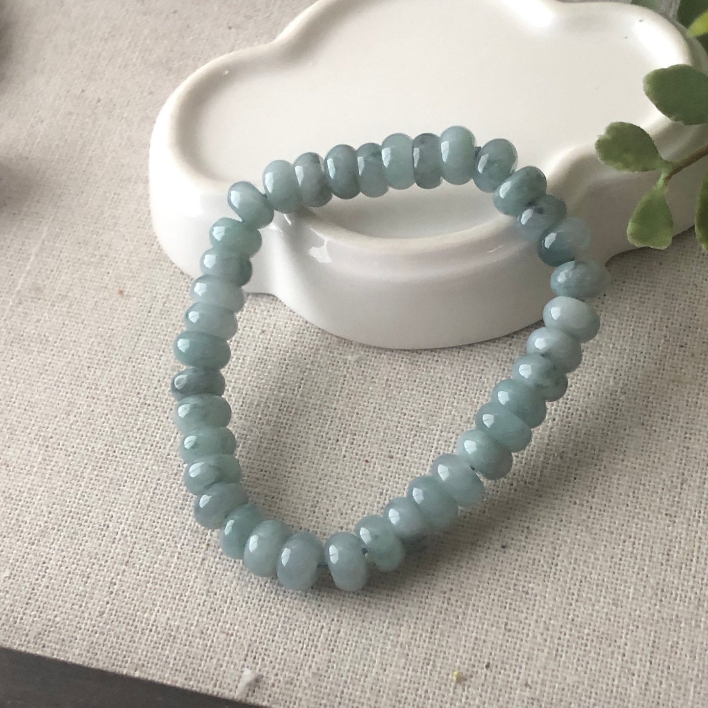 8 mm Jadeite Jade Blue Green Float Flowers Flat Bead Bracelet