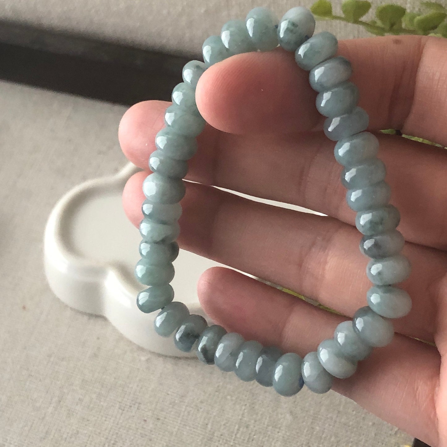 8 mm Jadeite Jade Blue Green Float Flowers Flat Bead Bracelet