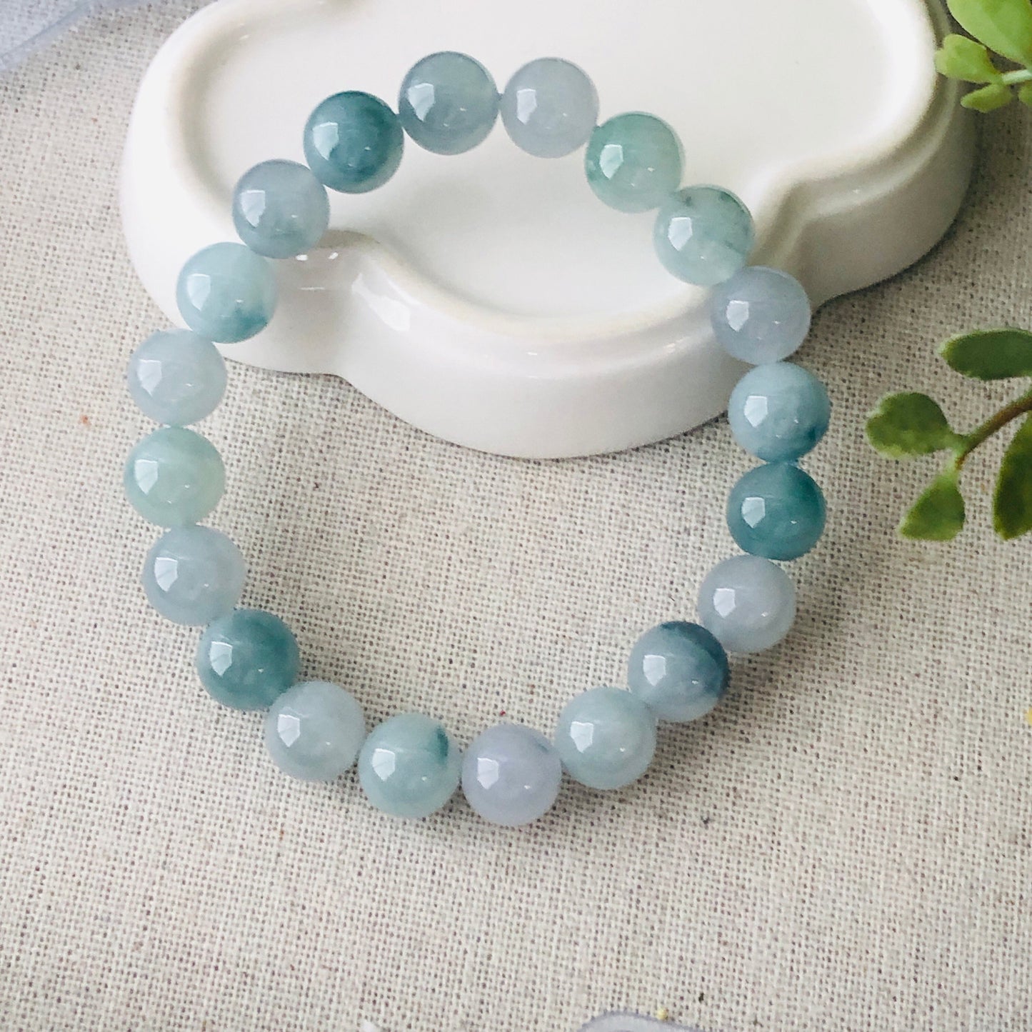 10 mm Icy Blue Green Float Flowers Jade Jadeite Bead Bracelet