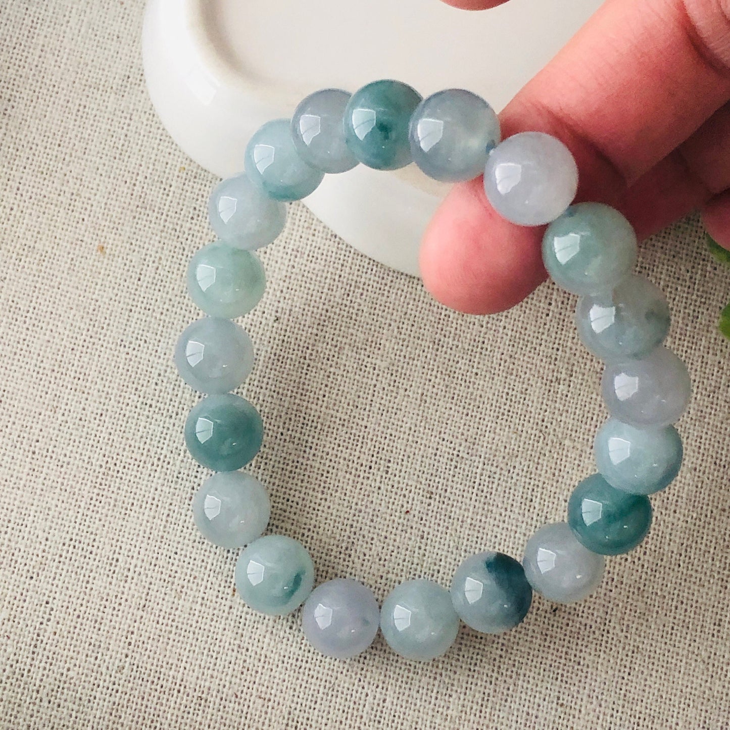 10 mm Icy Blue Green Float Flowers Jade Jadeite Bead Bracelet