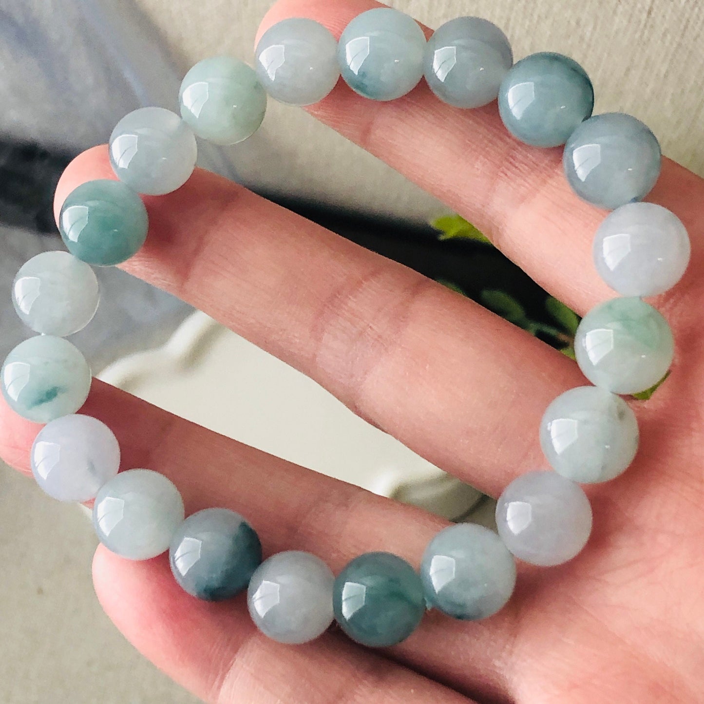 10 mm Icy Blue Green Float Flowers Jade Jadeite Bead Bracelet