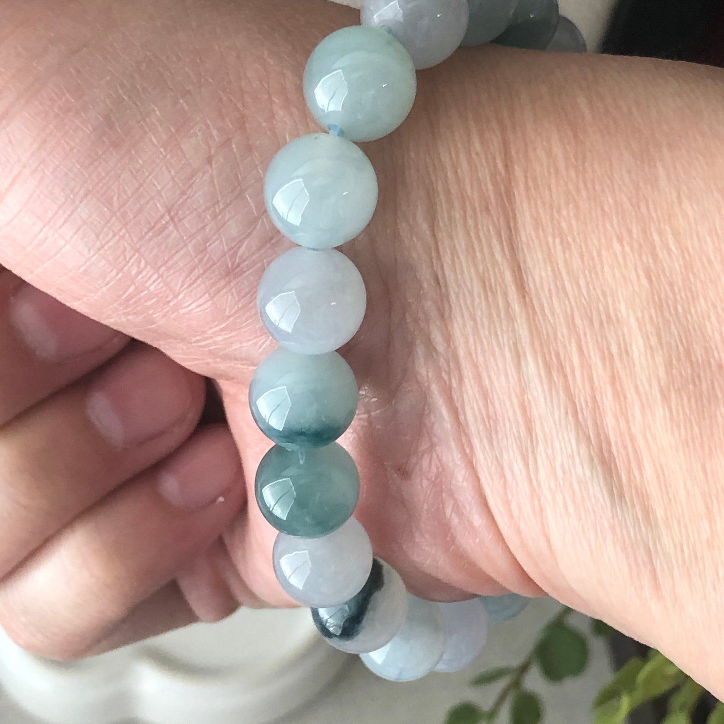 10 mm Icy Blue Green Float Flowers Jade Jadeite Bead Bracelet