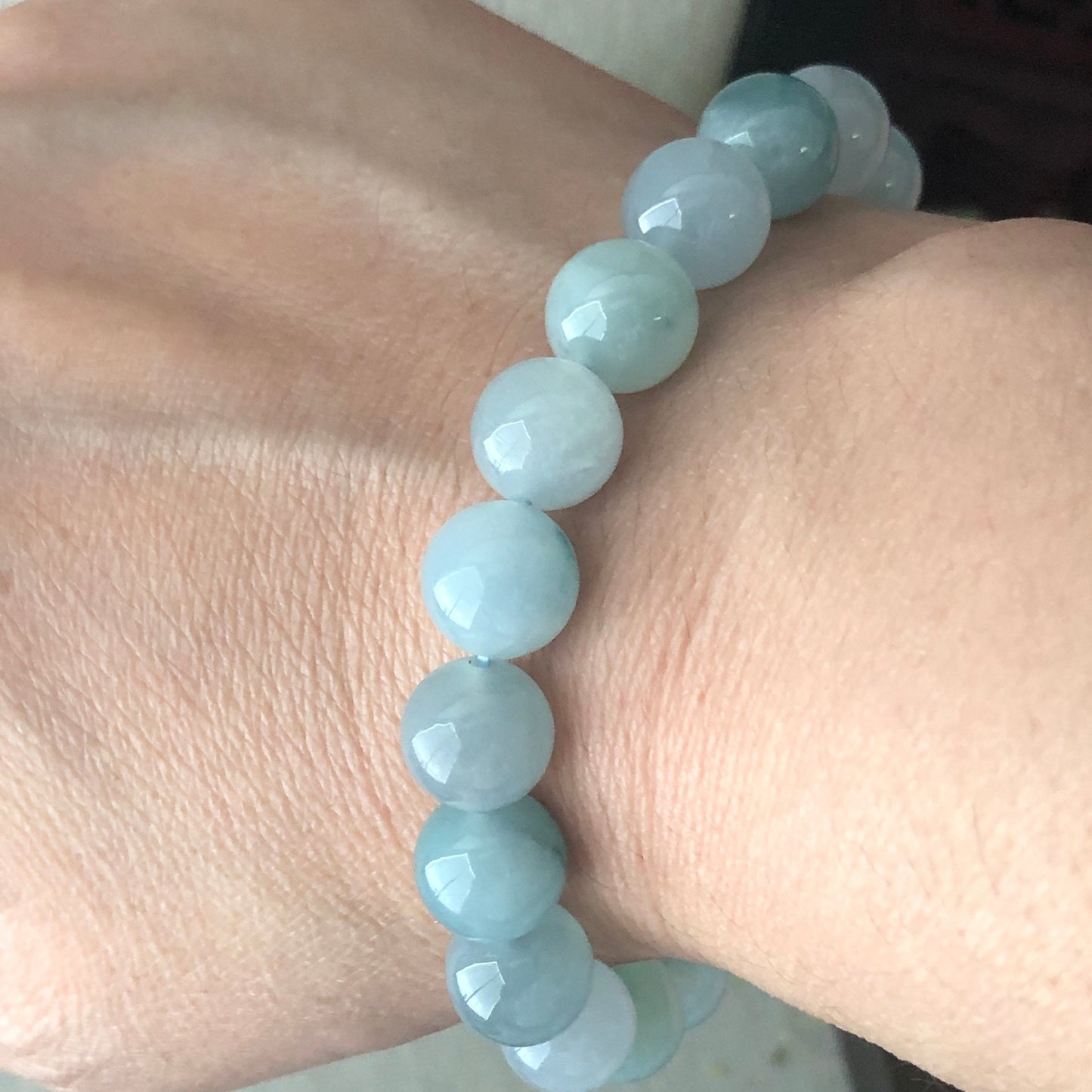 10 mm Icy Blue Green Float Flowers Jade Jadeite Bead Bracelet