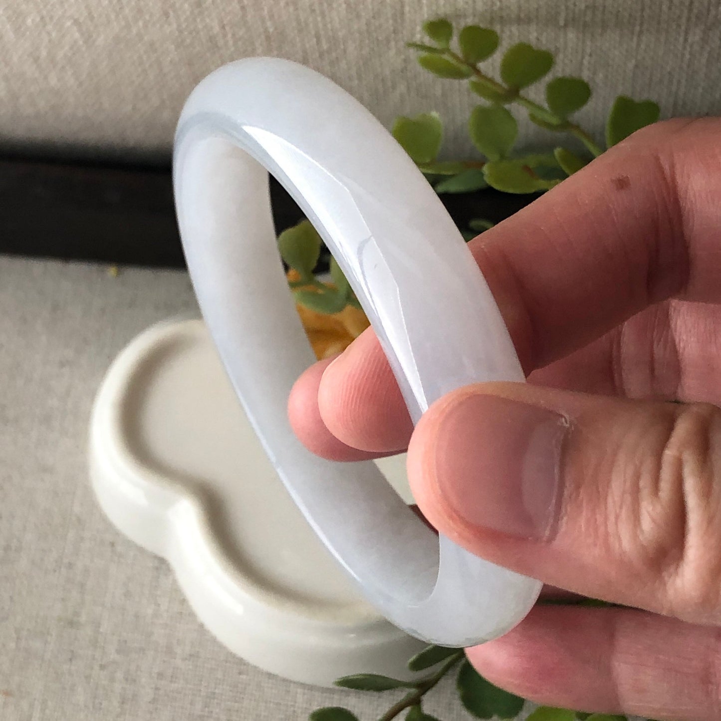 57mm Icy Glossy Translucent D-Shaped Jadeite Jade Bangle RARE