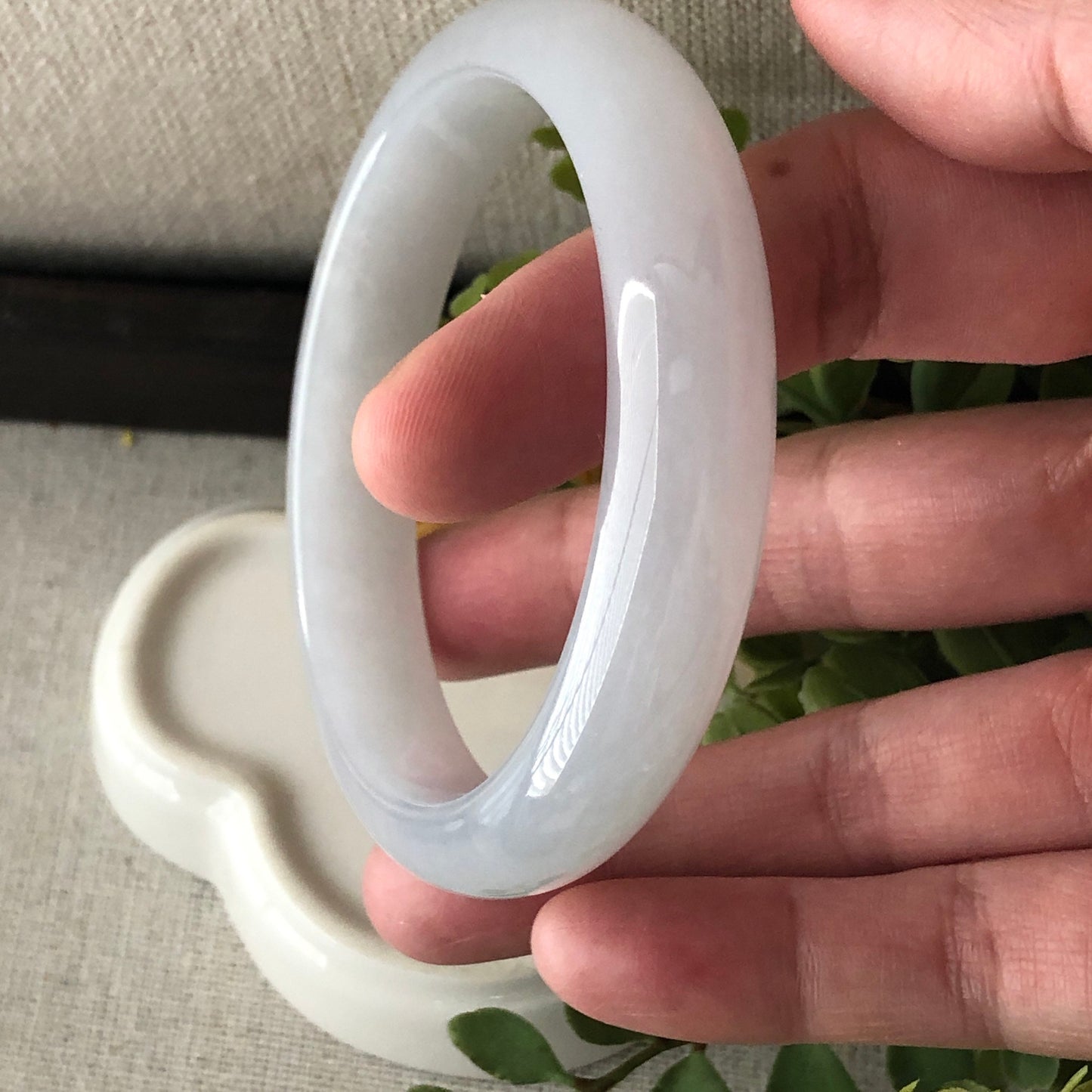57mm Icy Glossy Translucent D-Shaped Jadeite Jade Bangle RARE