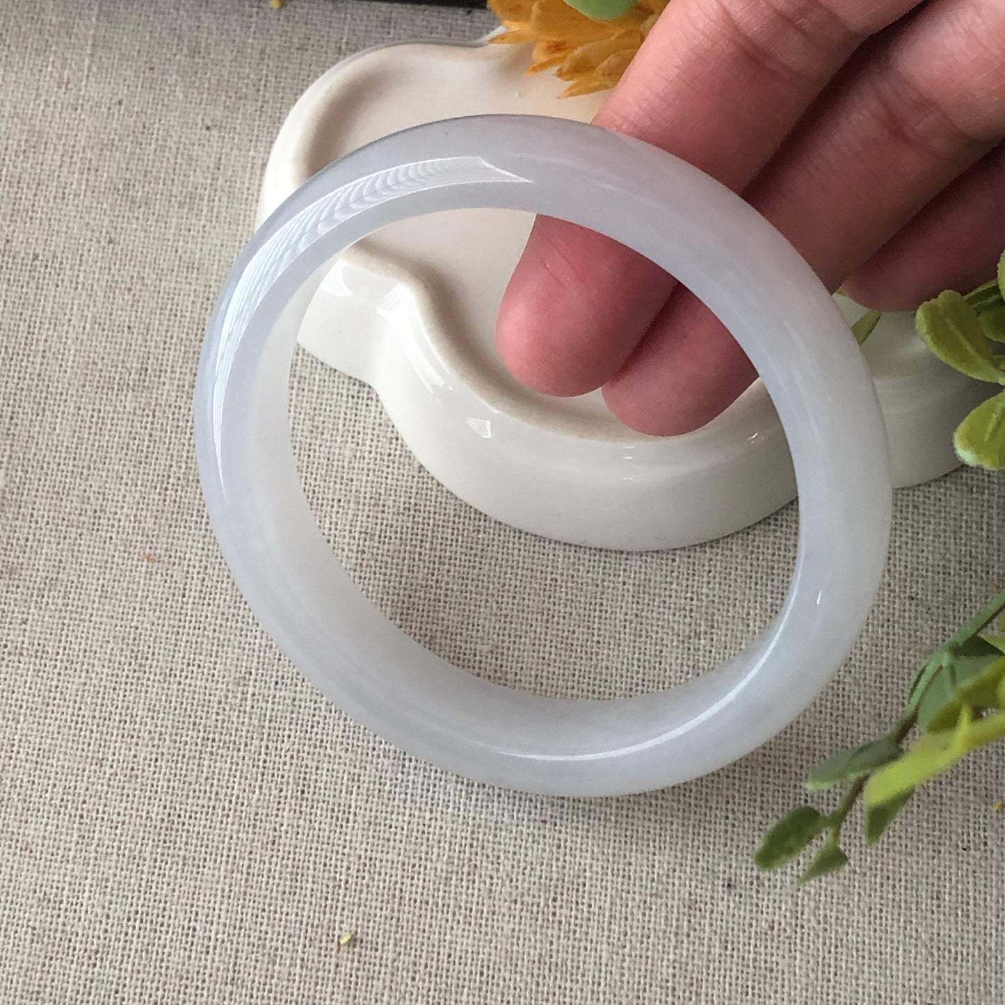 57mm Icy Glossy Translucent D-Shaped Jadeite Jade Bangle RARE