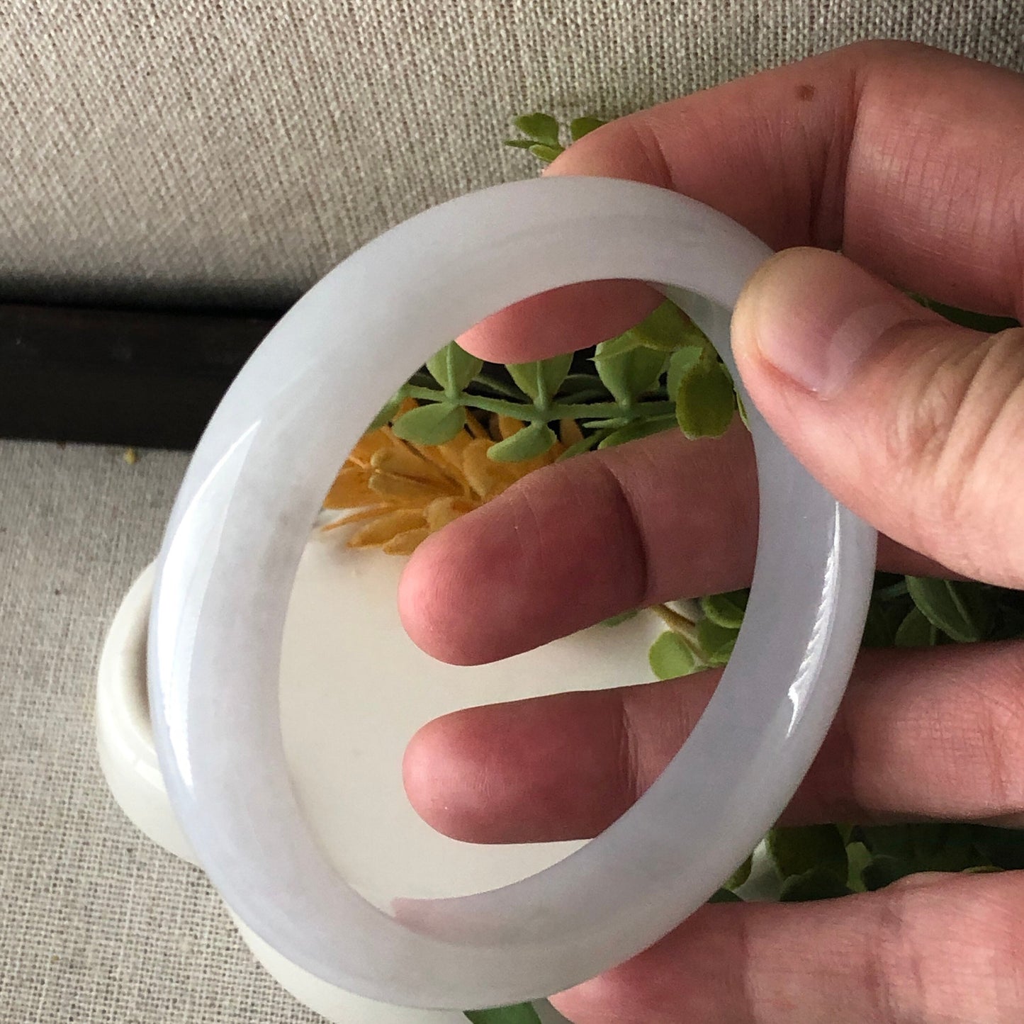 57mm Icy Glossy Translucent D-Shaped Jadeite Jade Bangle RARE