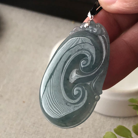 18K White Gold Blue Green Carved Ruyi Jadeite Jade Pendant