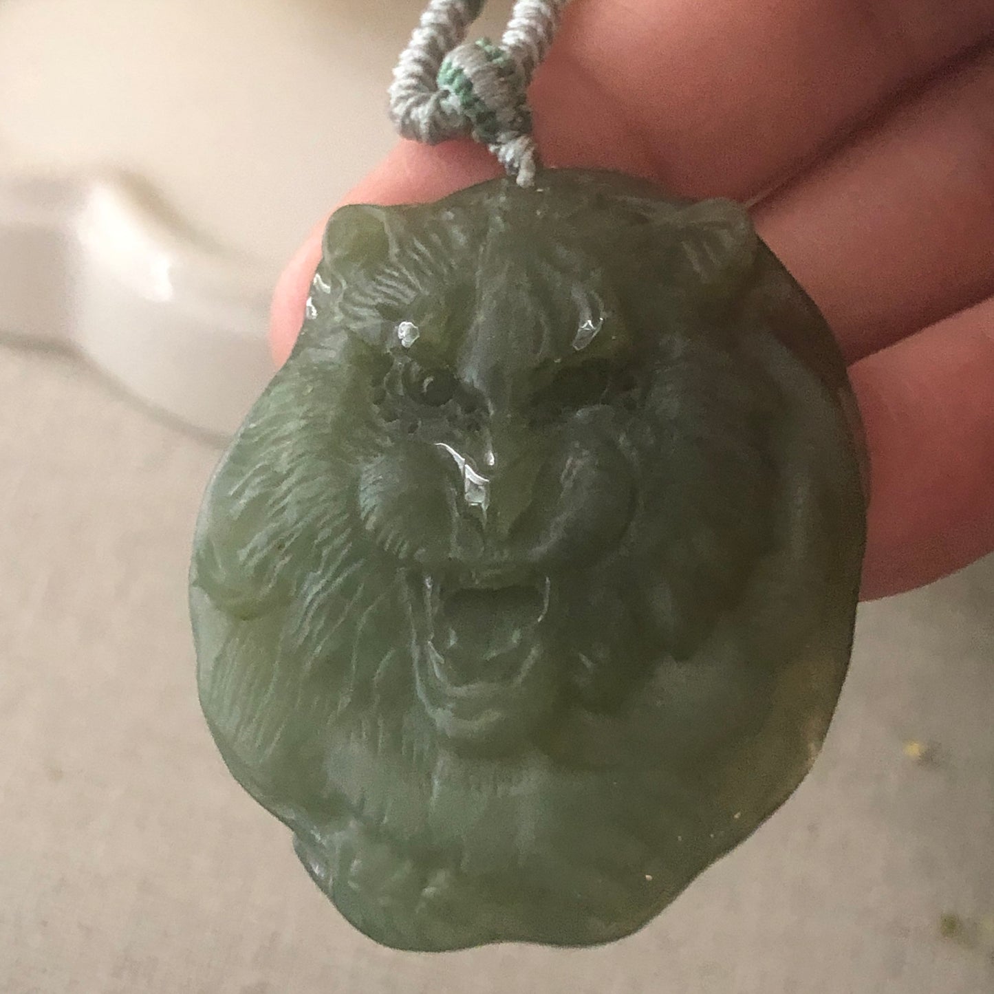 42.7mm Matte Carved Yellow Green Carved Lion Head Pendant