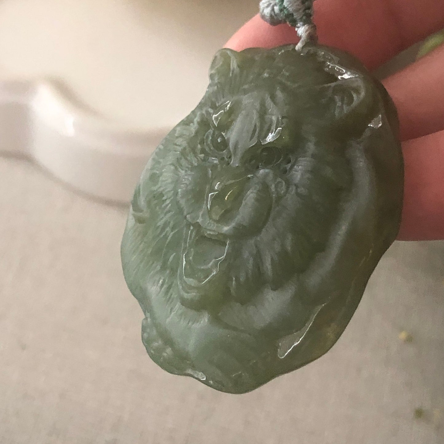 42.7mm Matte Carved Yellow Green Carved Lion Head Pendant