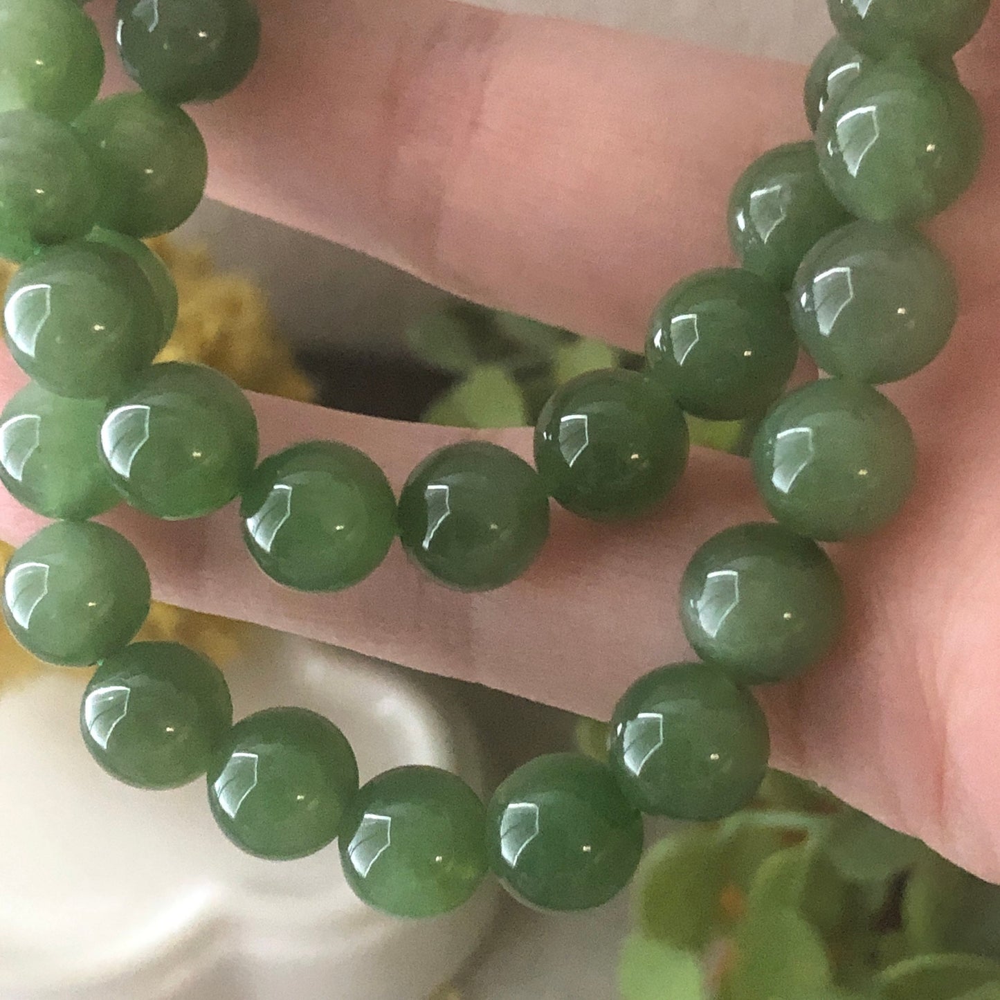 8mm Icy Gradient Green Hetian Jade Bead Necklace