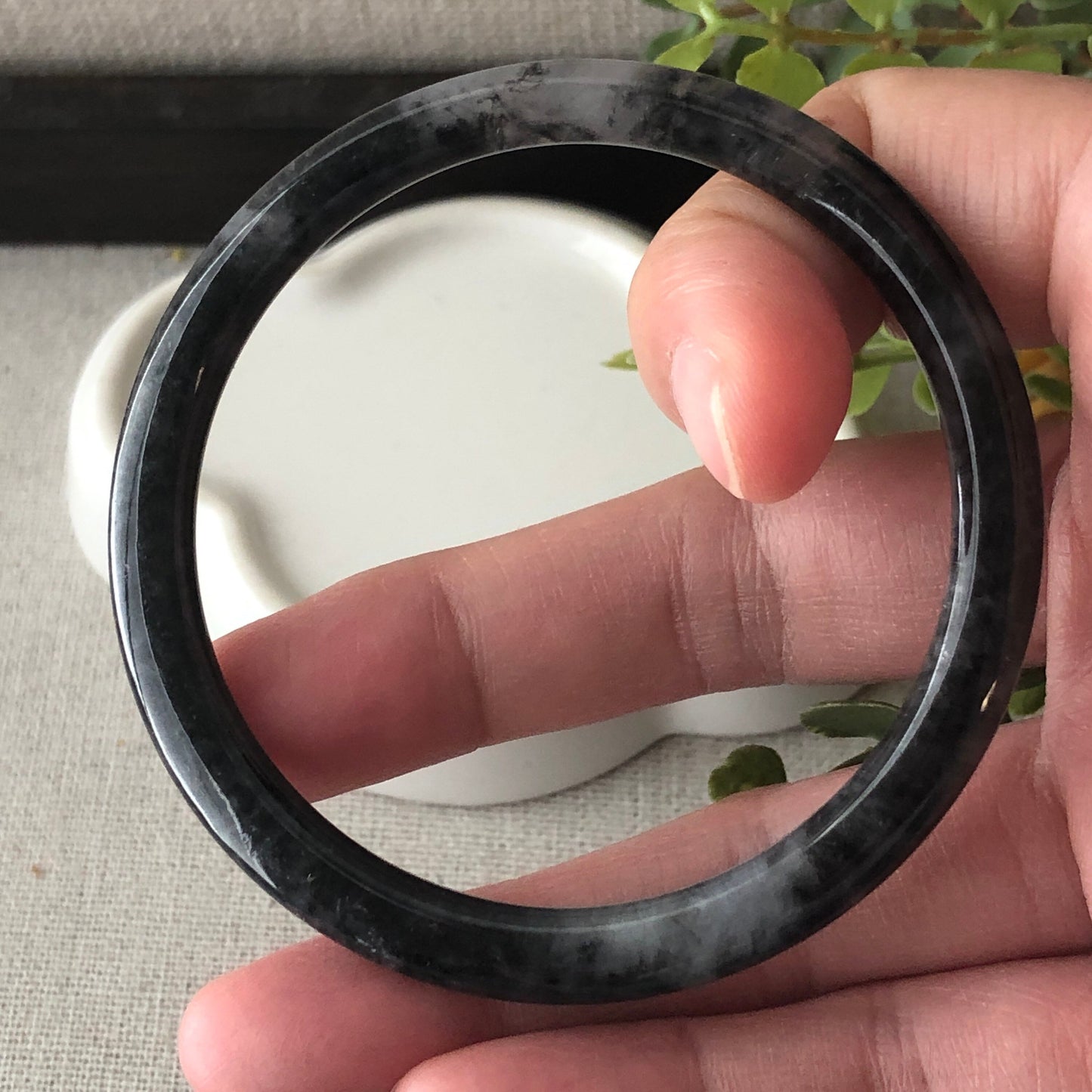 55.4mm Icy Wuji Black Slim Jadeite Jade Bangle