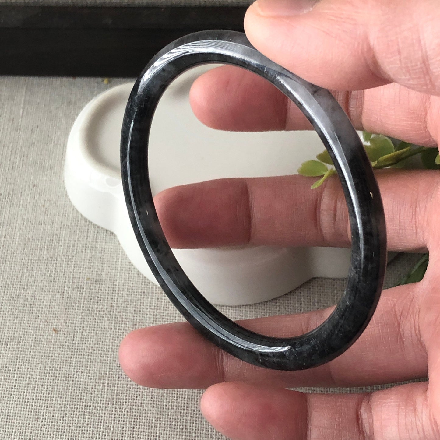 55.4mm Icy Wuji Black Slim Jadeite Jade Bangle