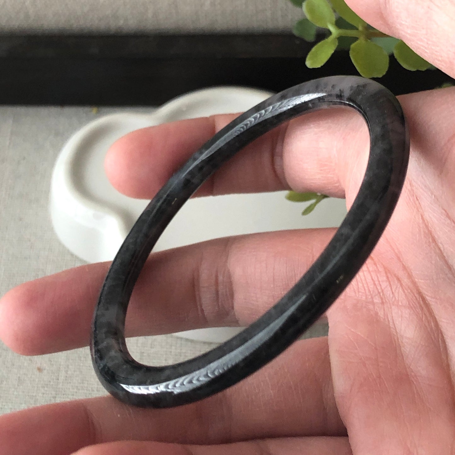 55.4mm Icy Wuji Black Slim Jadeite Jade Bangle
