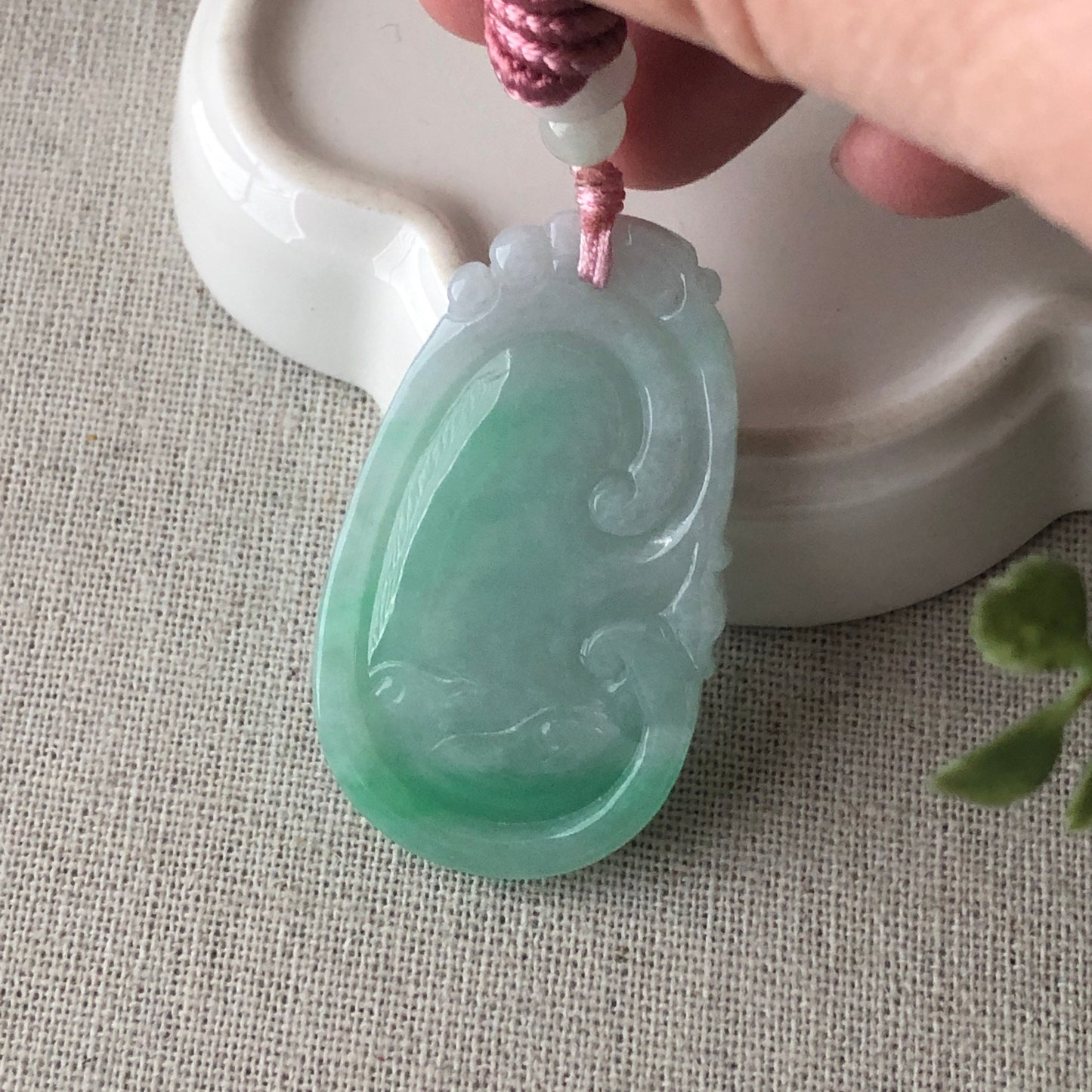 46mm Jadeite Jade Carved Green Ruyi Pendant