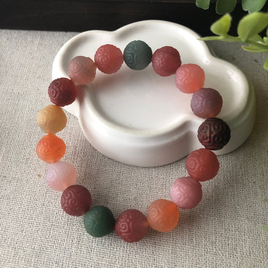 11mm Carved Agate Grade A Natural Bead Bracelet Health Circulation Icy