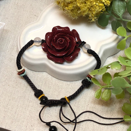 30 mm Cinnabar Dark Lavender Red Carved Rose Bracelet