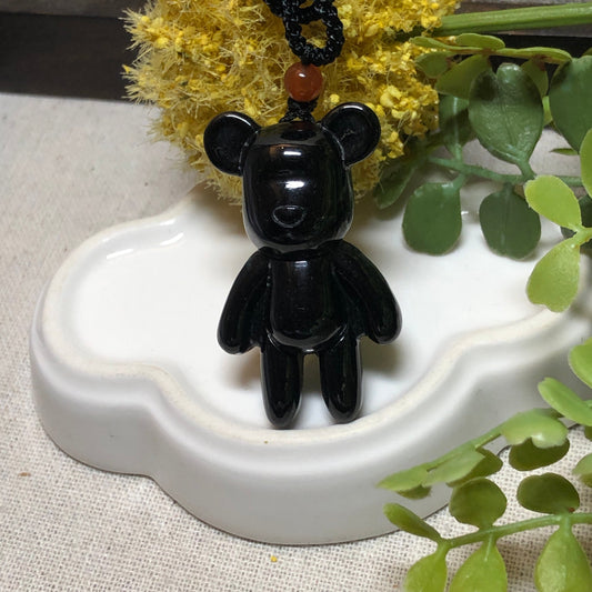 41mm Jadeite Jade Omphacite Black Carved Bear Pendant