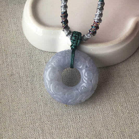 31mm Jadeite Jade Icy Lavender Carved Peace Donut Pendant
