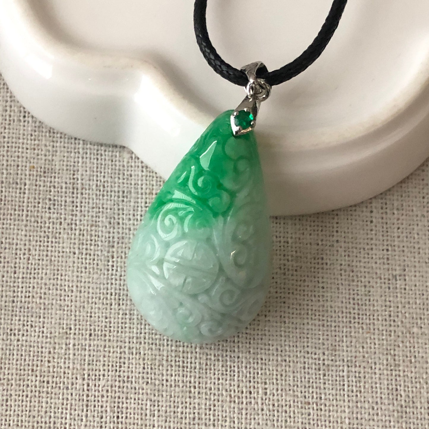35mm Green Carved Asian Pattern Jade Jadeite Pendant Drop Shape