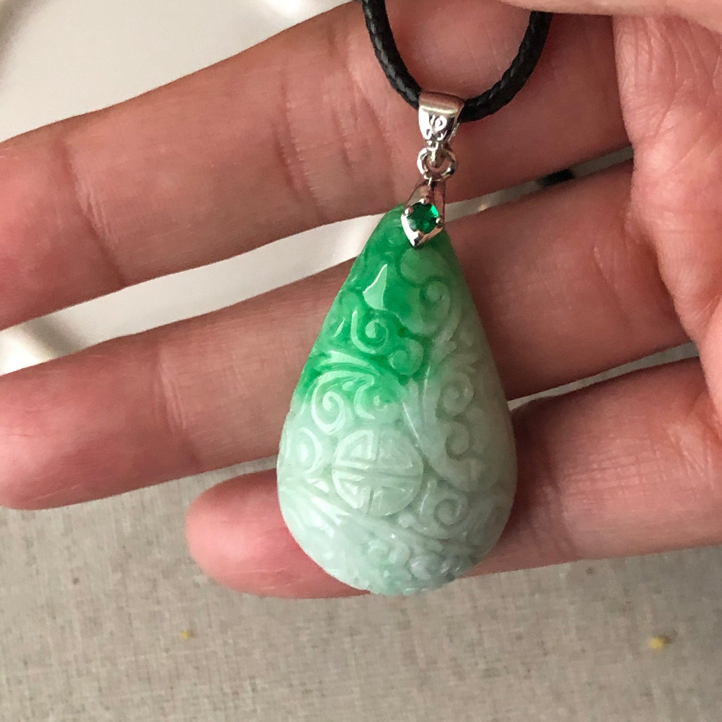 35mm Green Carved Asian Pattern Jade Jadeite Pendant Drop Shape
