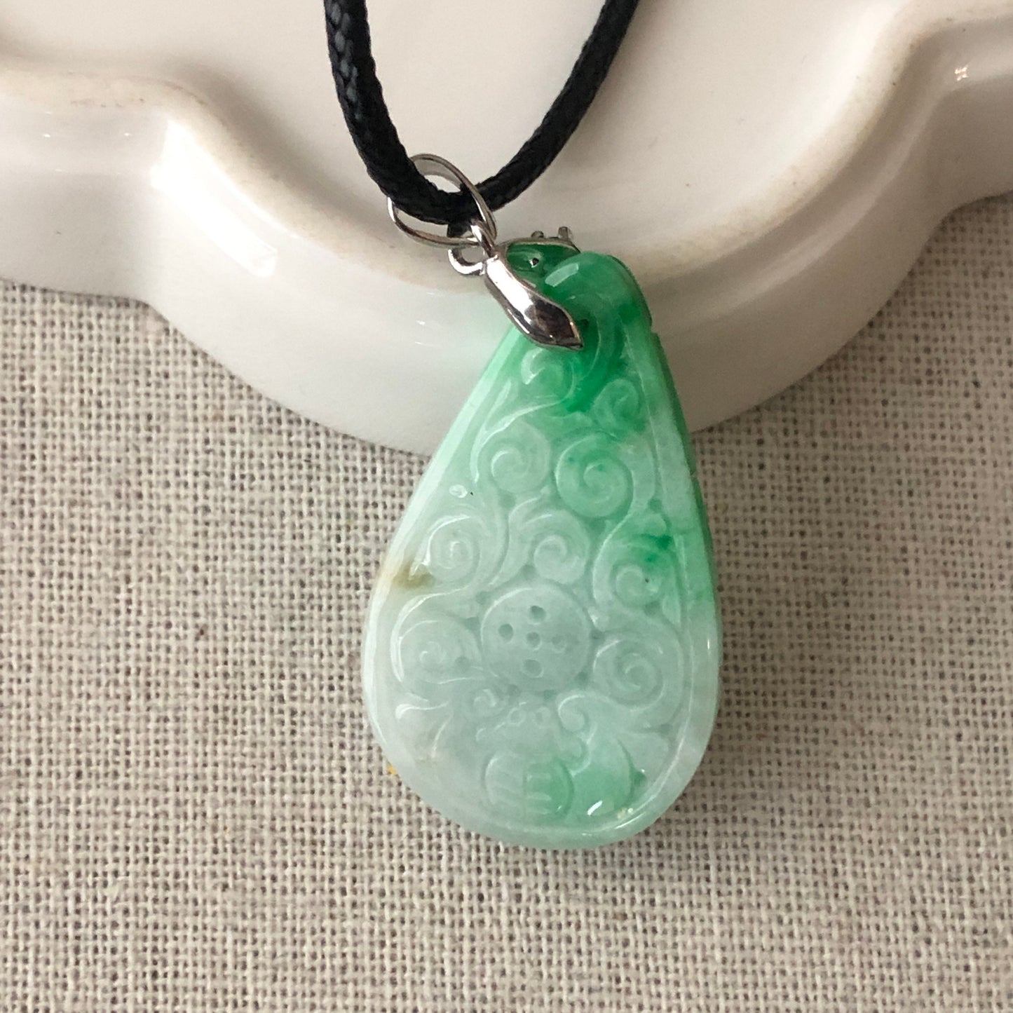 35mm Green Carved Asian Pattern Jade Jadeite Pendant Drop Shape