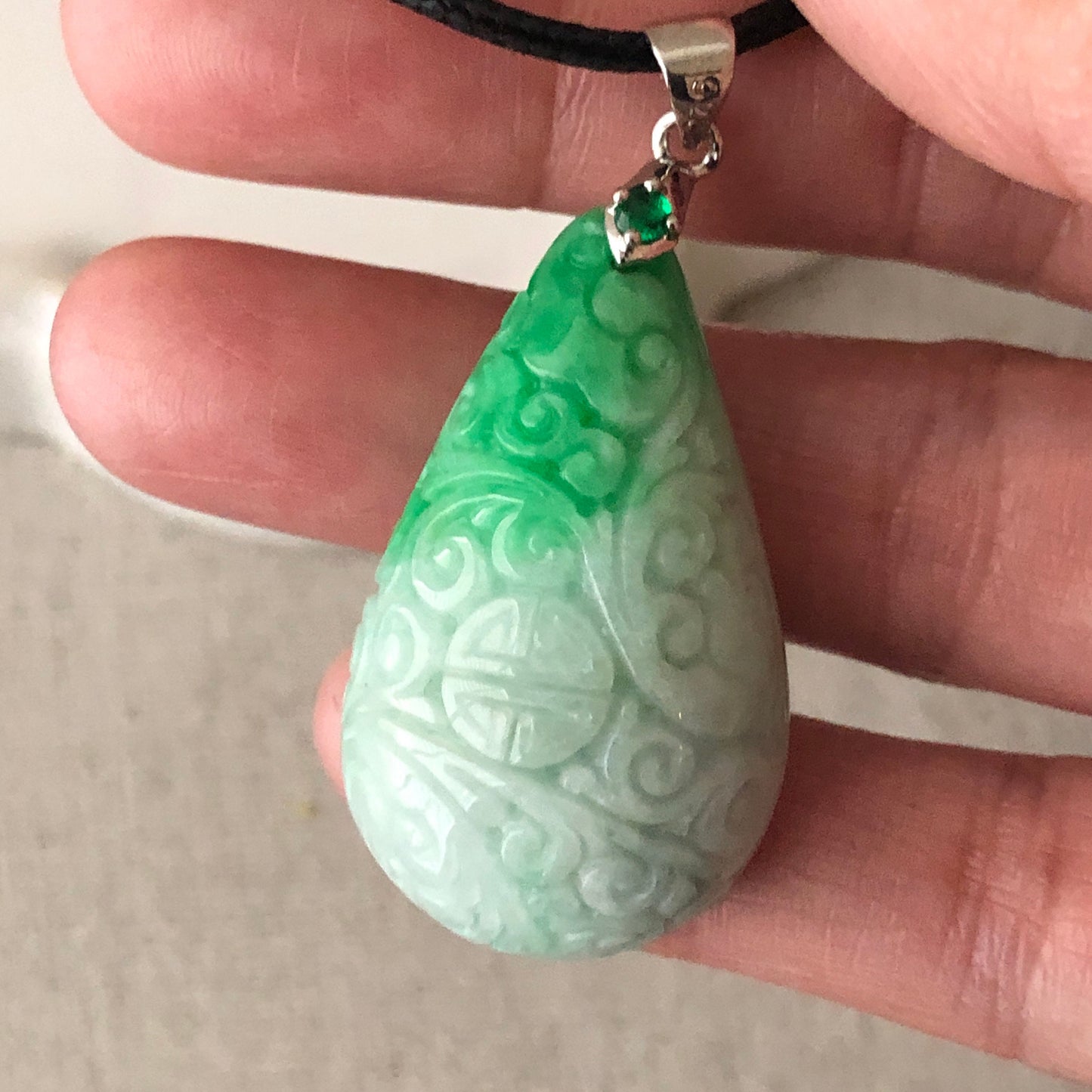 35mm Green Carved Asian Pattern Jade Jadeite Pendant Drop Shape