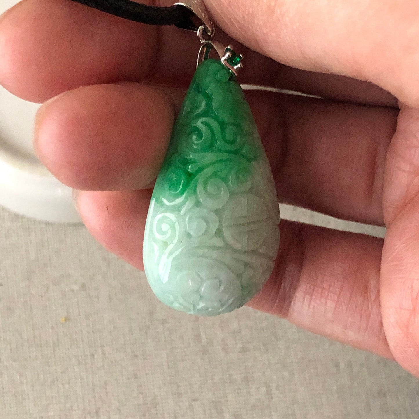 35mm Green Carved Asian Pattern Jade Jadeite Pendant Drop Shape