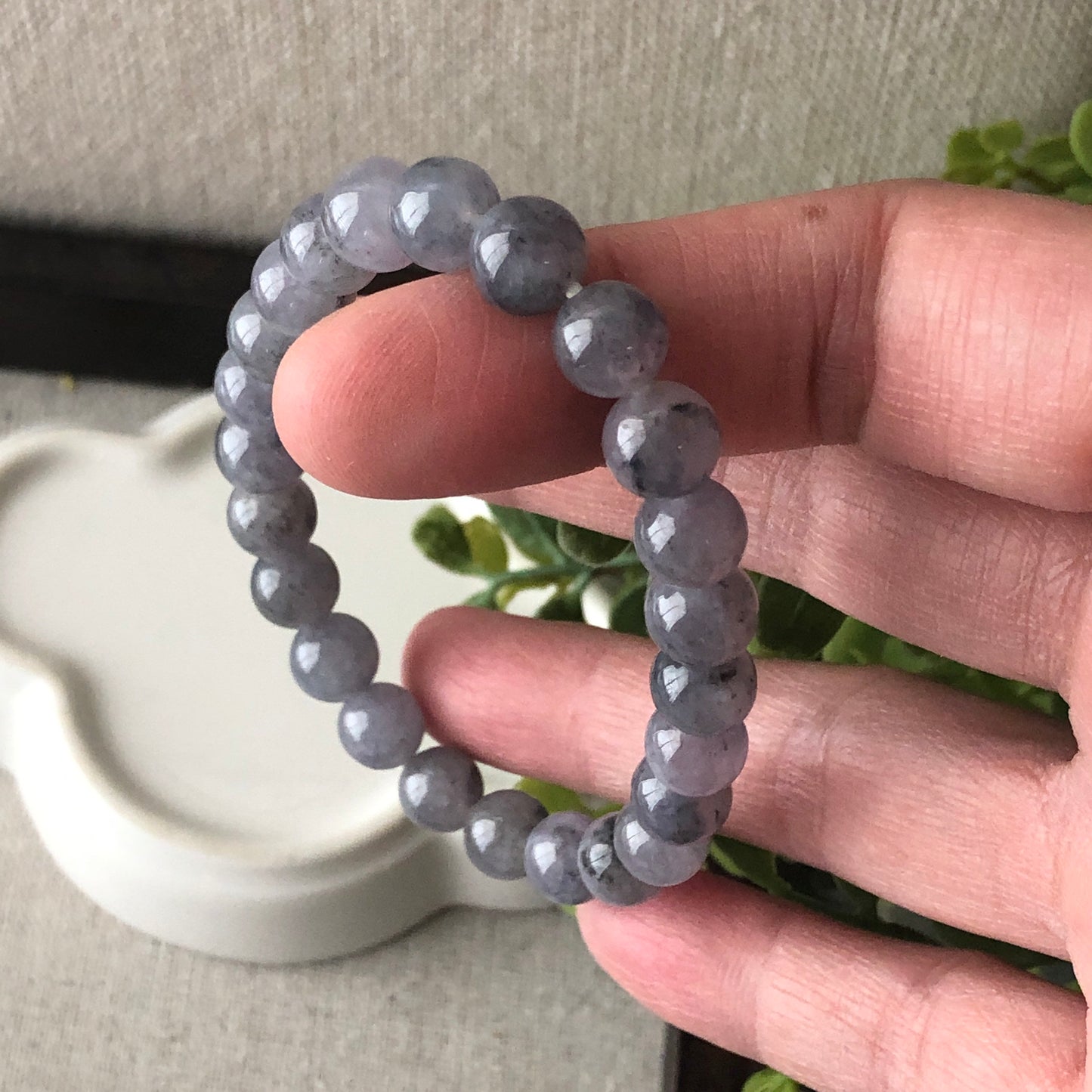 RARE 7.7 mm Wuji Lavender Jade Jadeite Round Bead Bracelet