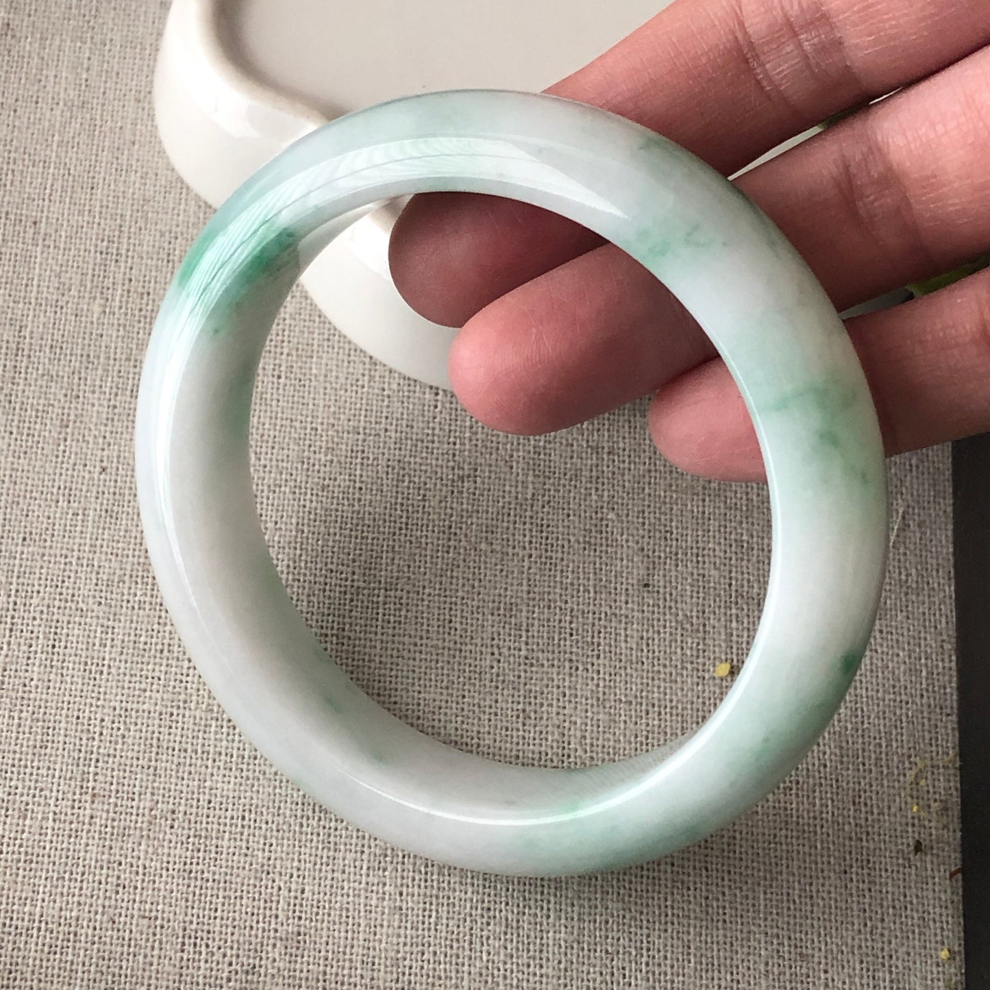 57.5mm White Green Flowers Jadeite Jade Bangle