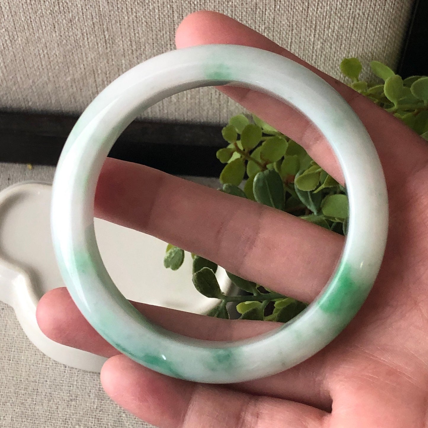 57.5mm White Green Flowers Jadeite Jade Bangle