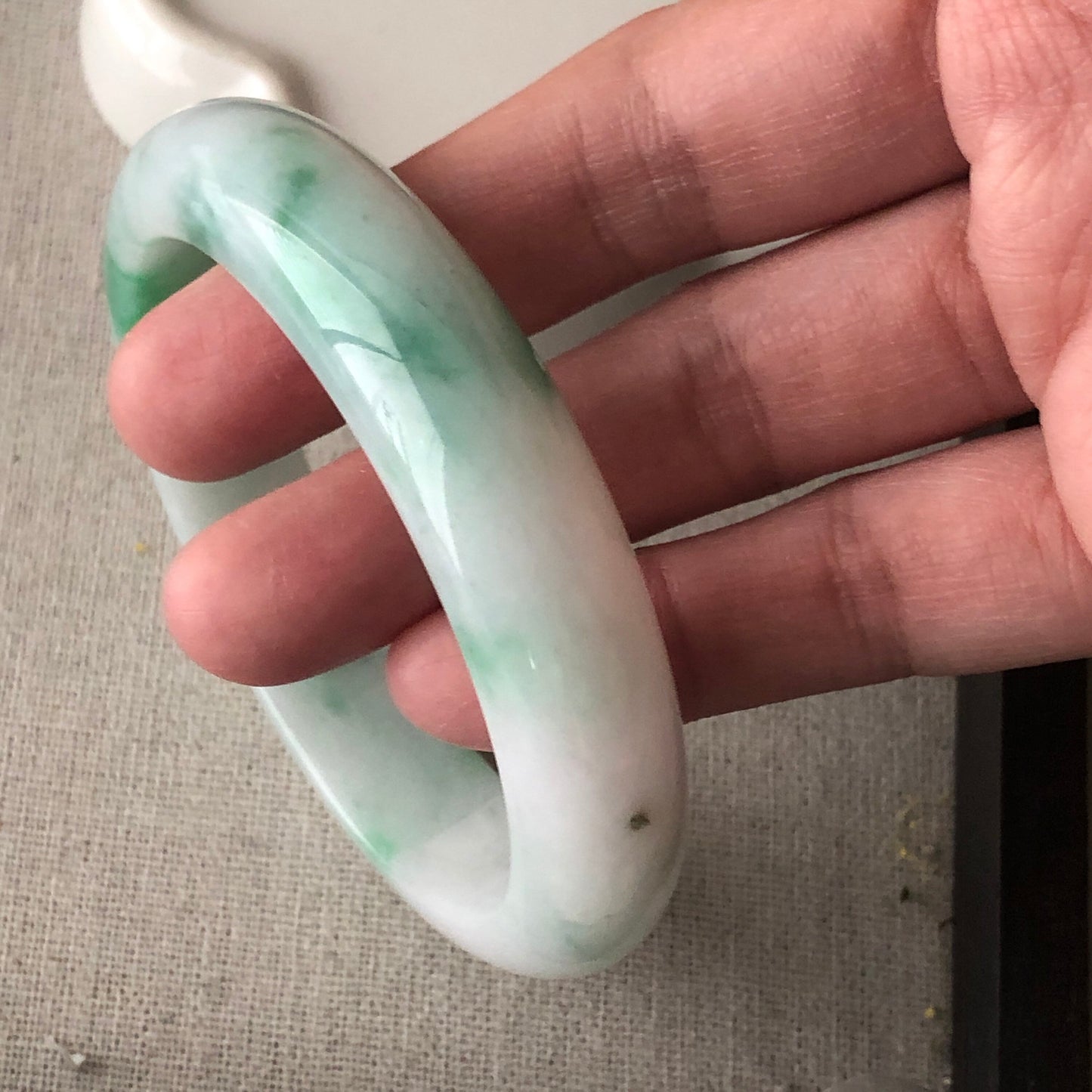 57.5mm White Green Flowers Jadeite Jade Bangle