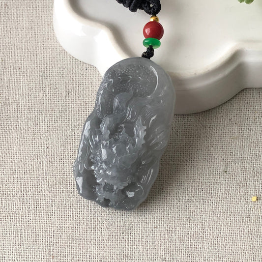 49 Icy Wuji Grey Jadeite Jade Carved Dragon Tail Pendant