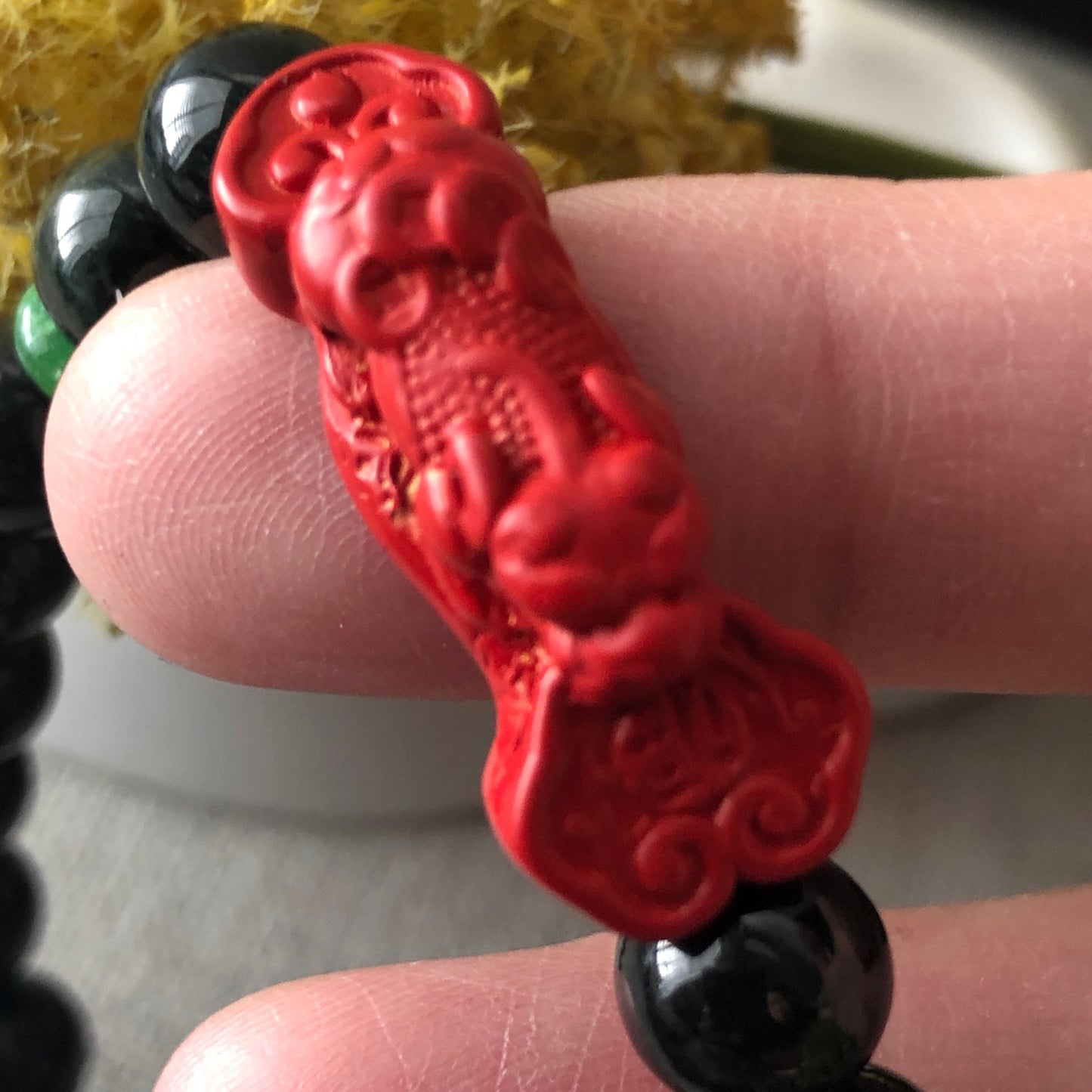 8 mm Cinnabar Pixiu Omphacite Jade Bead Bracelet