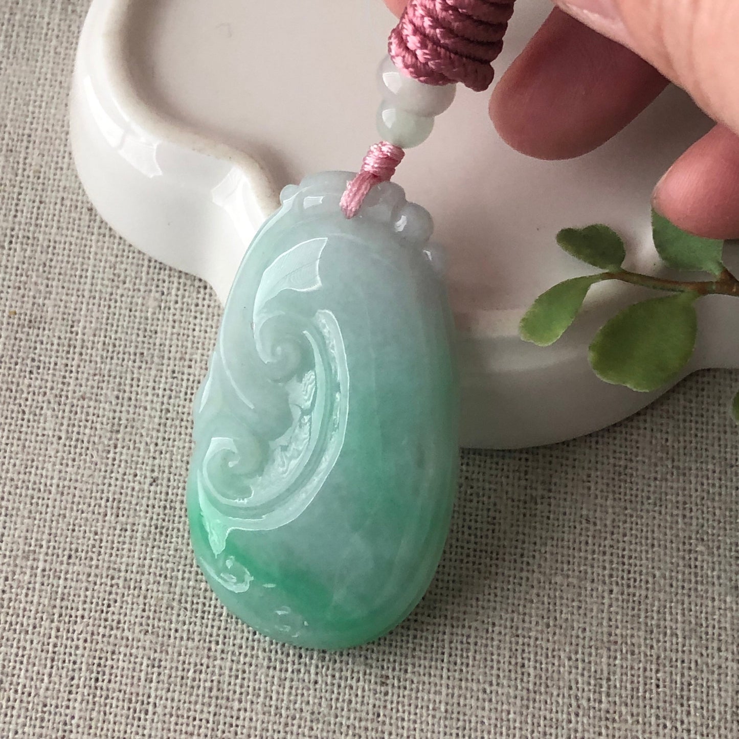 46mm Jadeite Jade Carved Green Ruyi Pendant