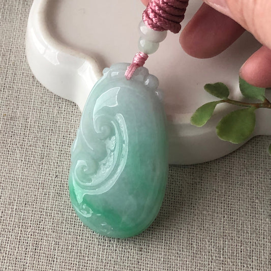 46mm Jadeite Jade Carved Green Ruyi Pendant