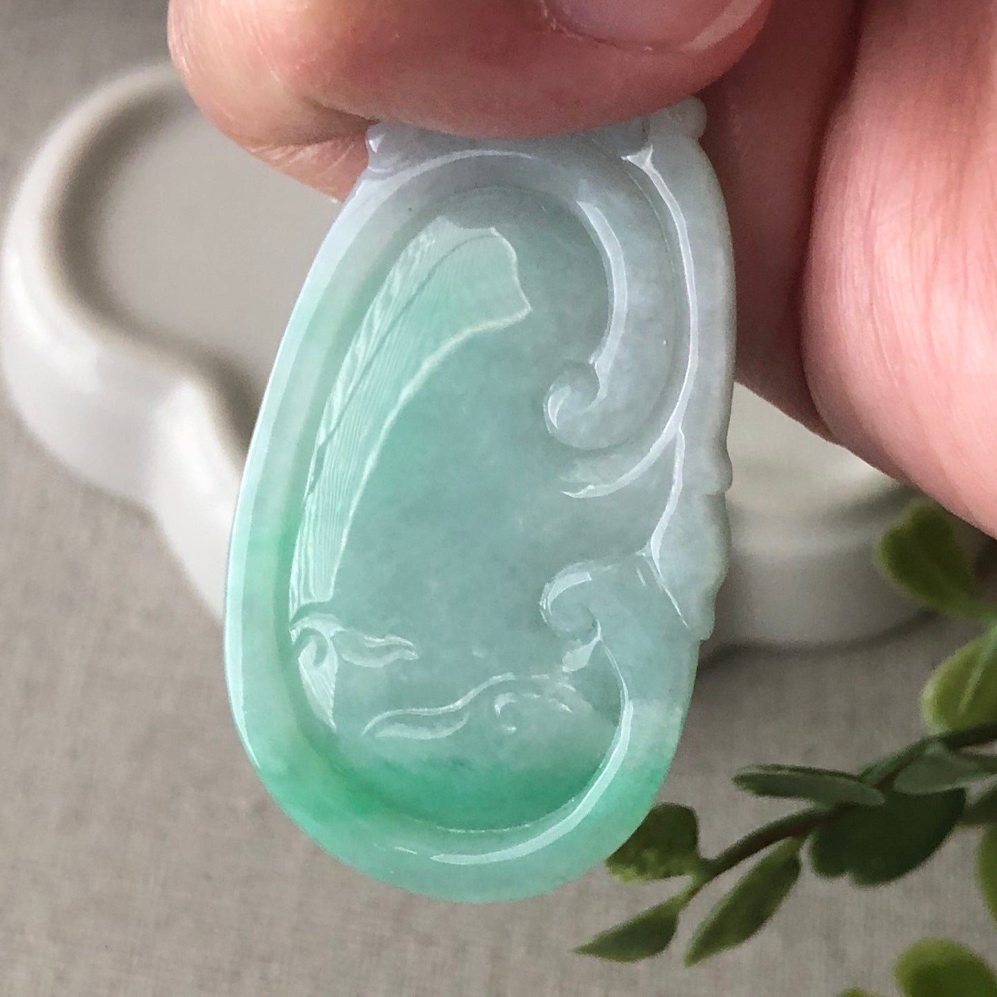 46mm Jadeite Jade Carved Green Ruyi Pendant