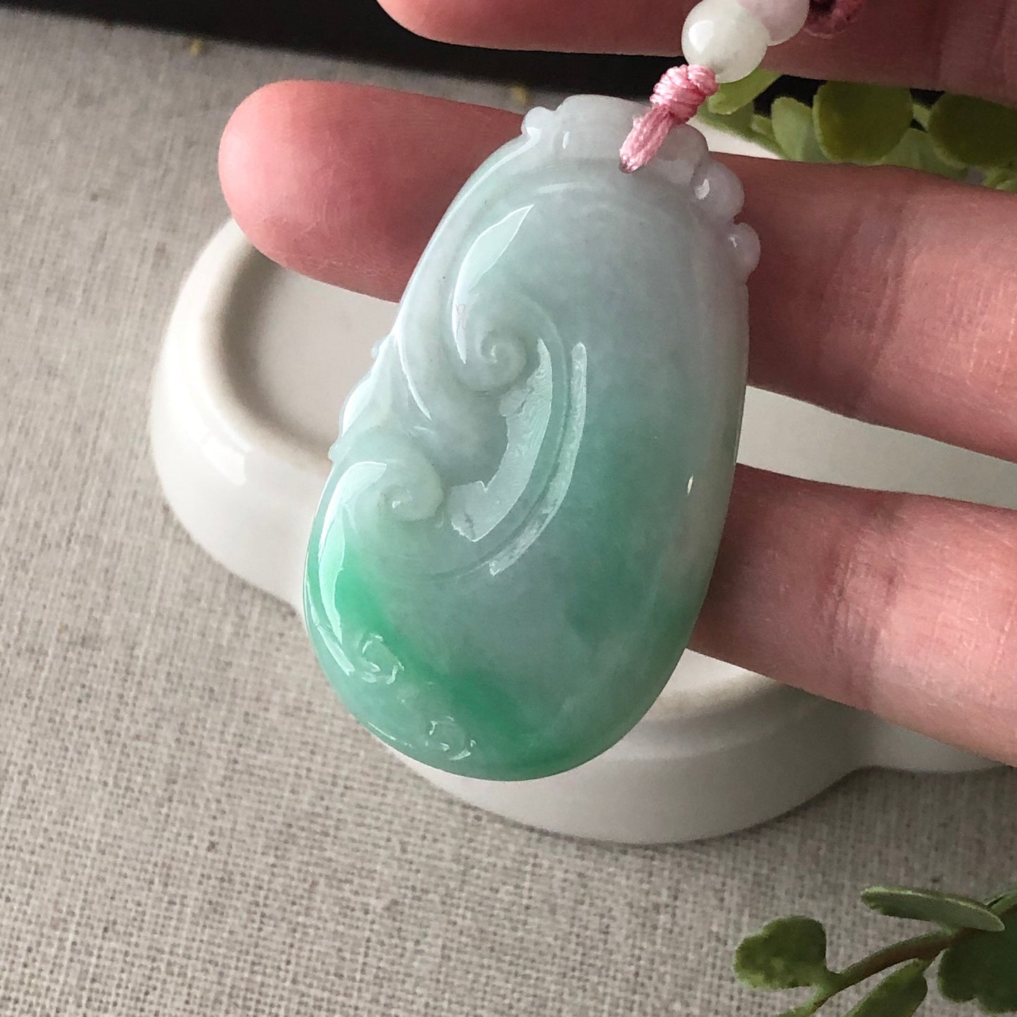 46mm Jadeite Jade Carved Green Ruyi Pendant
