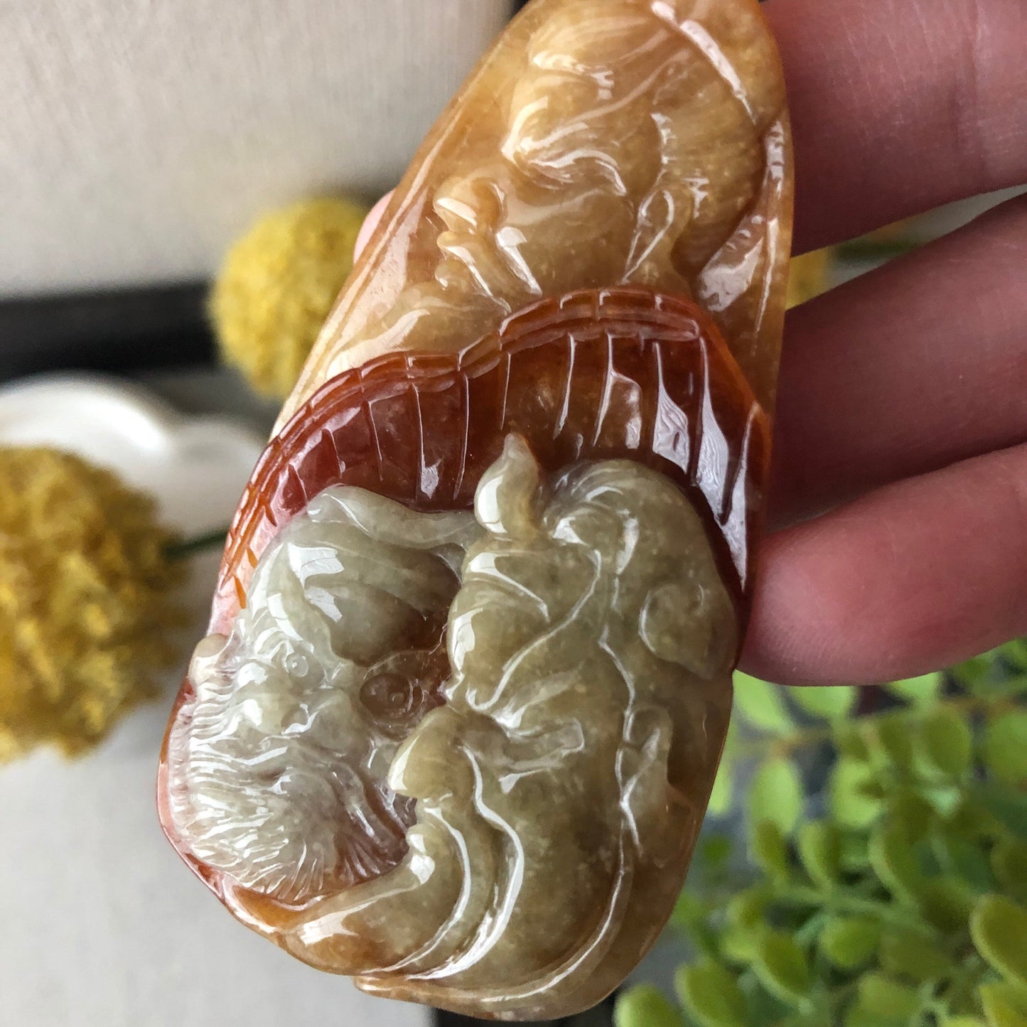 70mm Yellow Red Brown Jadeite Jade Carved General Head Pendant