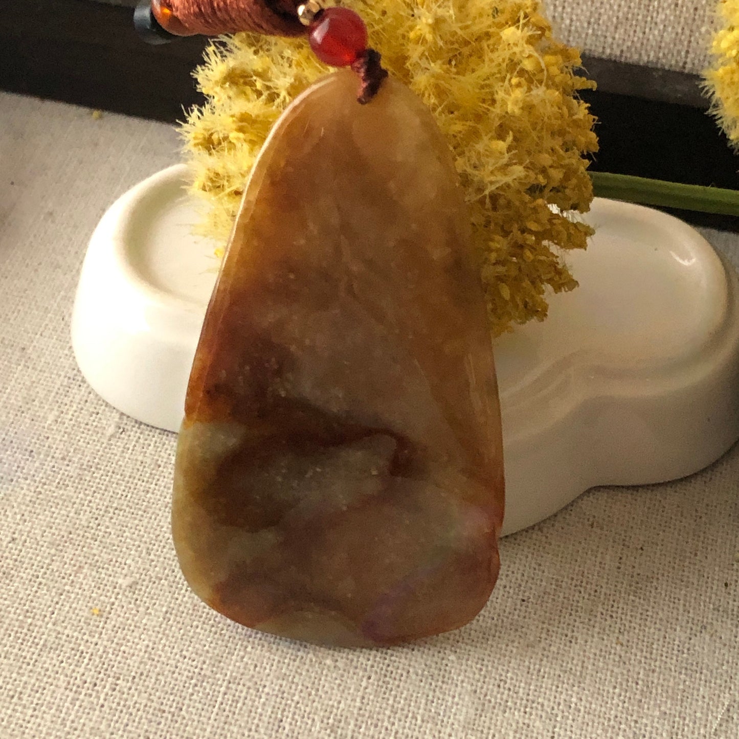 70mm Yellow Red Brown Jadeite Jade Carved General Head Pendant