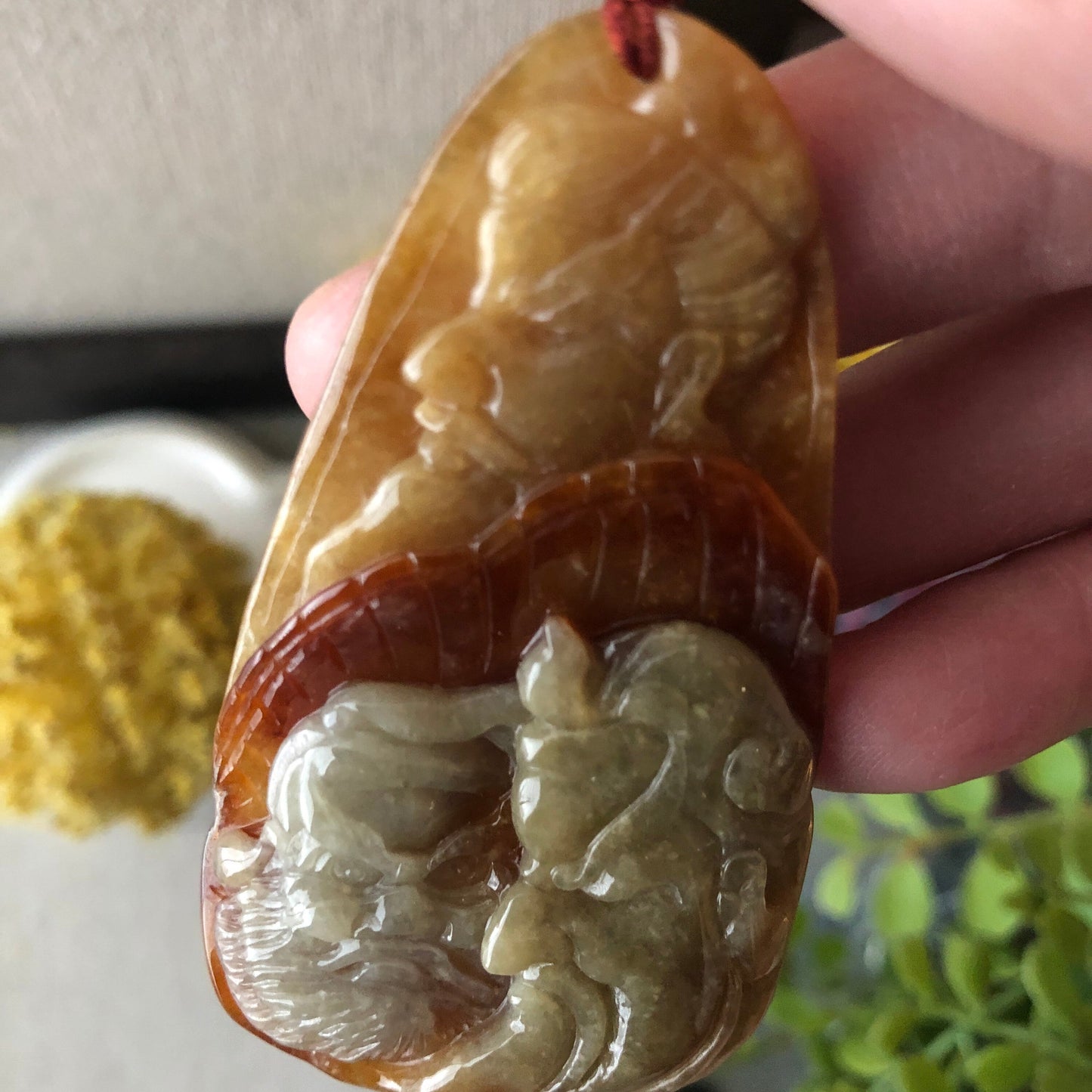 70mm Yellow Red Brown Jadeite Jade Carved General Head Pendant