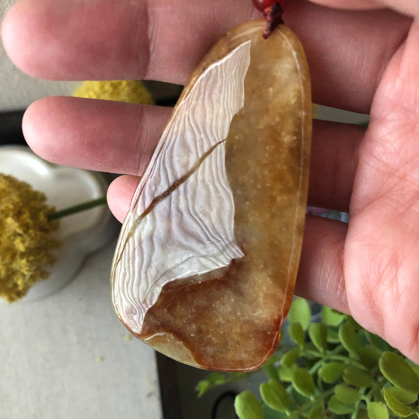 70mm Yellow Red Brown Jadeite Jade Carved General Head Pendant