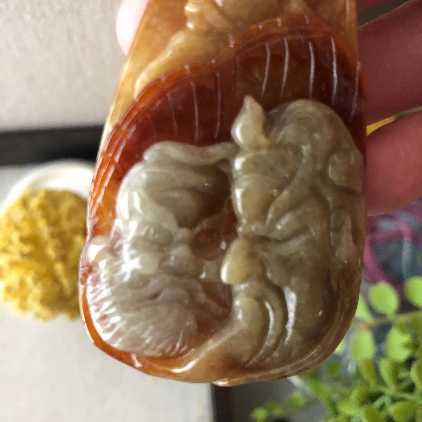 70mm Yellow Red Brown Jadeite Jade Carved General Head Pendant