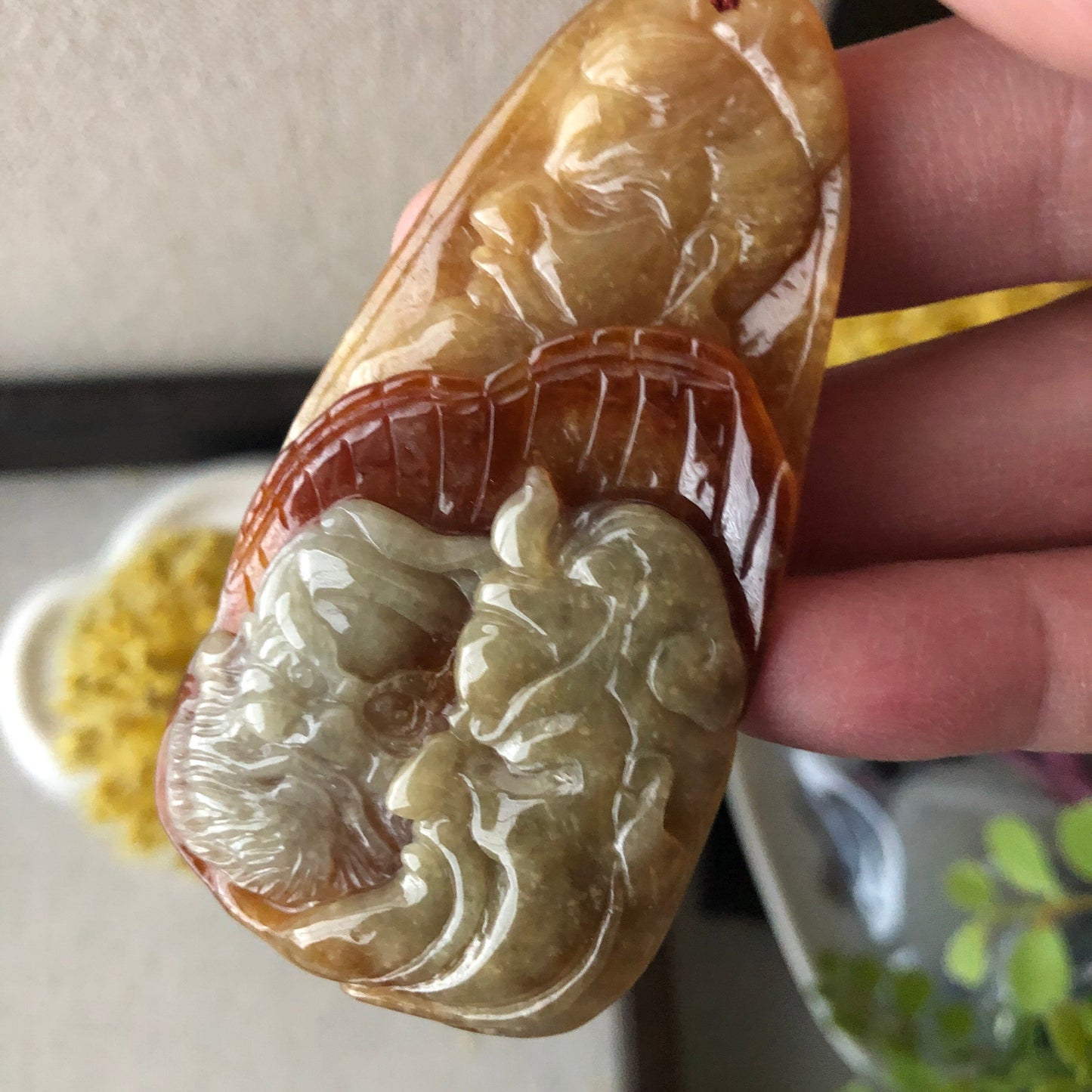 70mm Yellow Red Brown Jadeite Jade Carved General Head Pendant