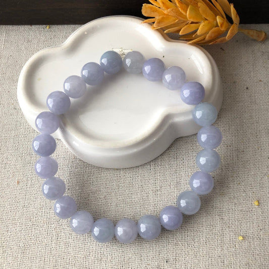 9.5 mm Icy Lavender Blue Jade Jadeite Bead Bracelet 8in Diameter