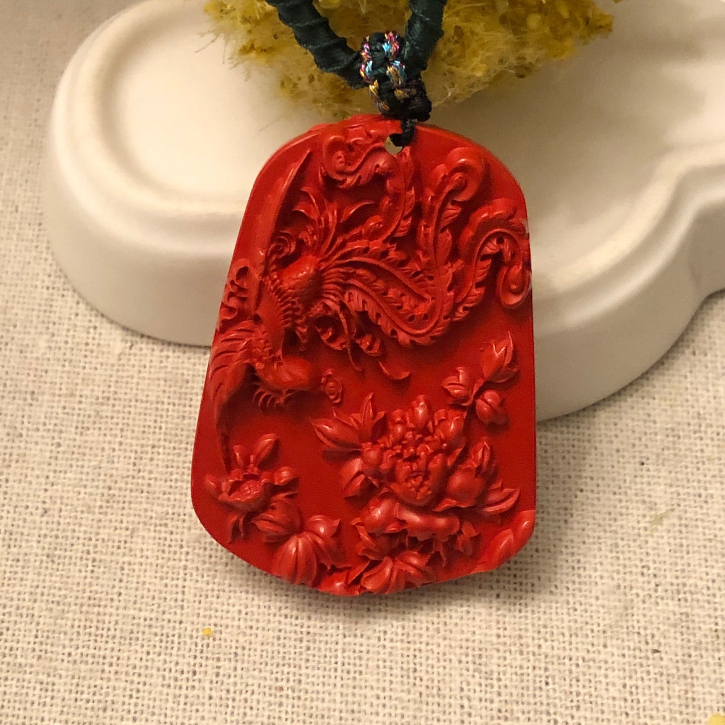 48 mm Cinnabar Carved Red Phoenix Flower Pendant NOT JADE
