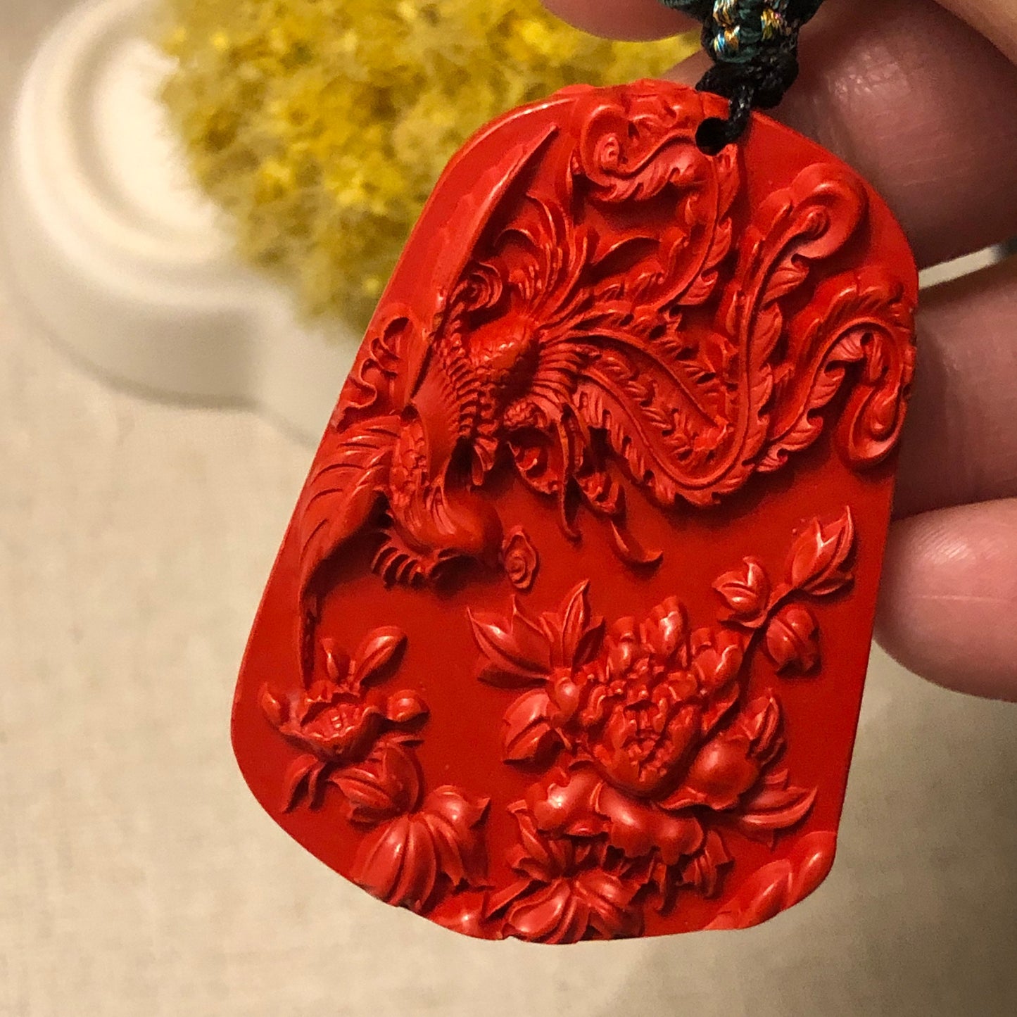48 mm Cinnabar Carved Red Phoenix Flower Pendant NOT JADE