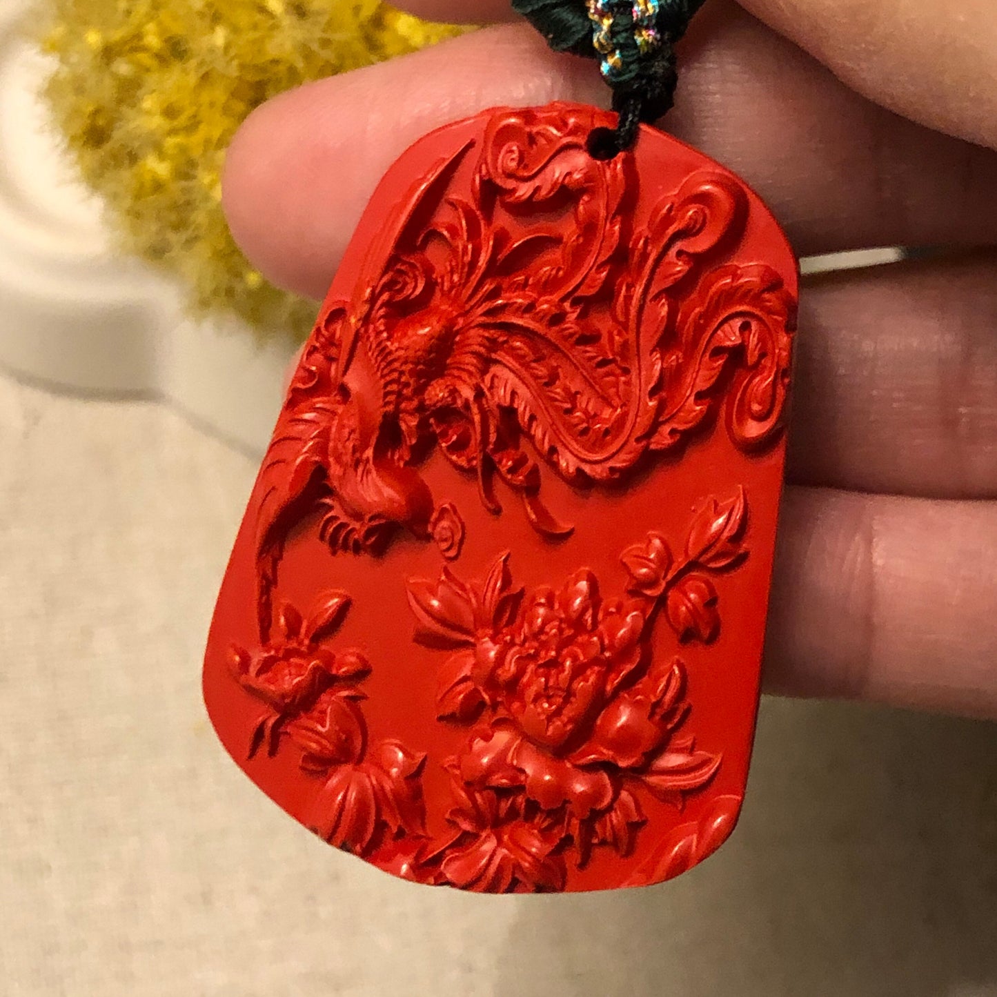 48 mm Cinnabar Carved Red Phoenix Flower Pendant NOT JADE